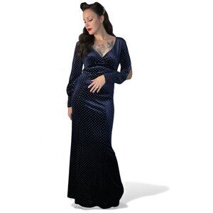 Unique Vintage Sharon Blue Velvet Silver Studded Maxi Dress Split Sleeve M 6-8